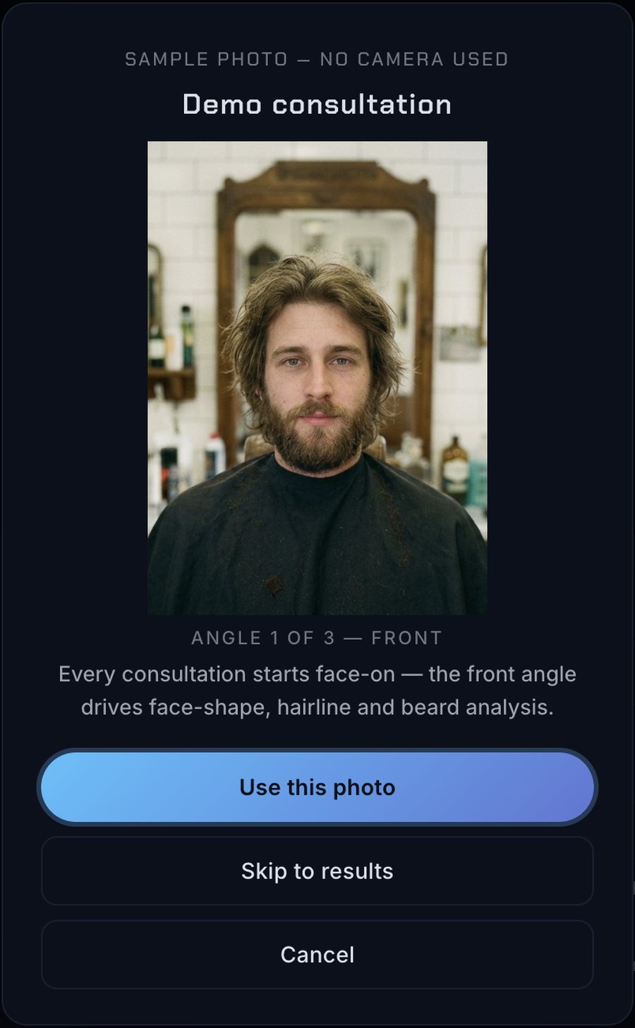 The capture step: angle one of three, front. The screen explains that the front angle drives face-shape, hairline and beard analysis.