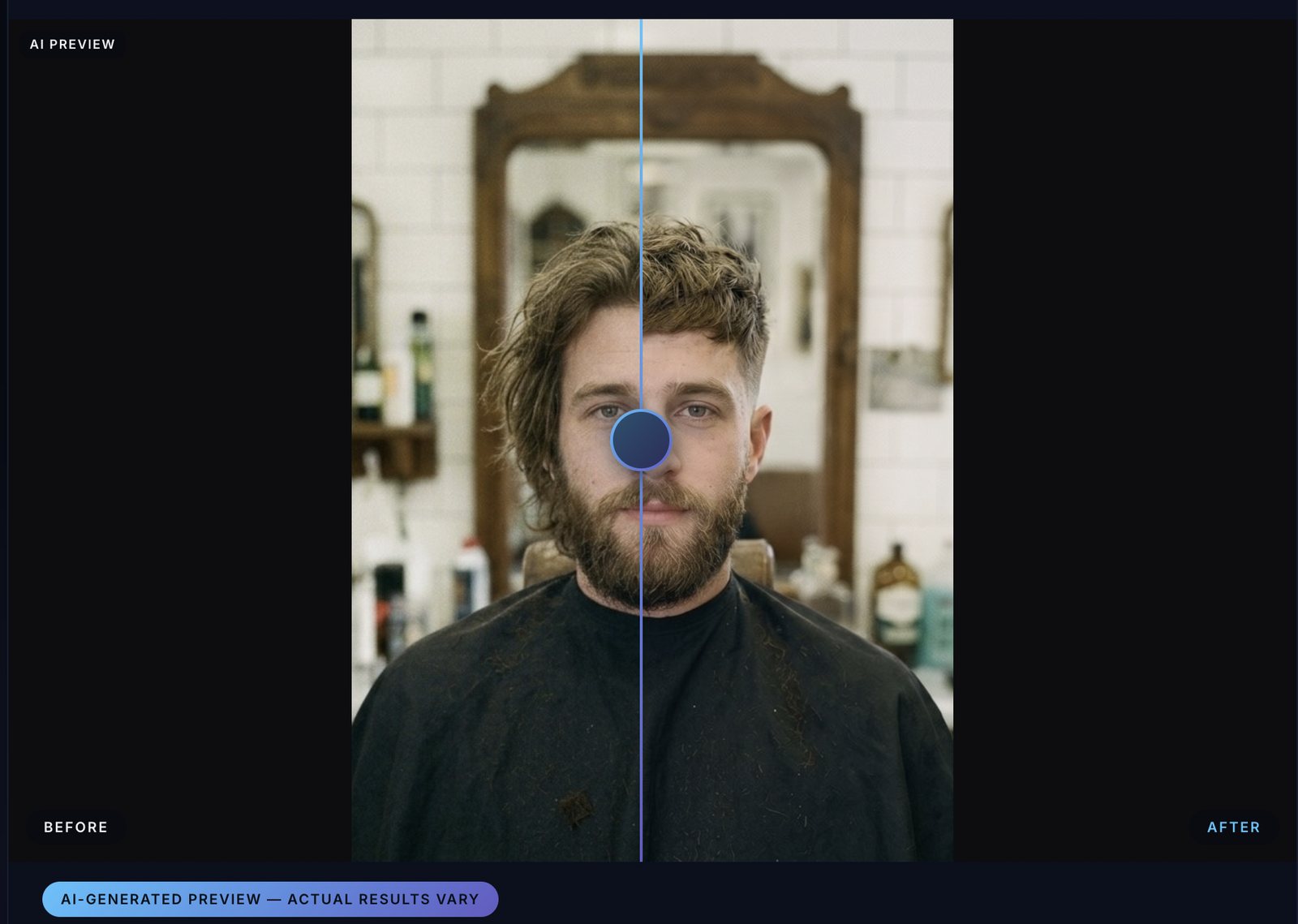 The consultation screen: a client's photograph on the left, an AI preview of a shorter textured crop on the right, with a draggable divider between them. Both sides are labelled, and a badge reads AI-generated preview, actual results vary.