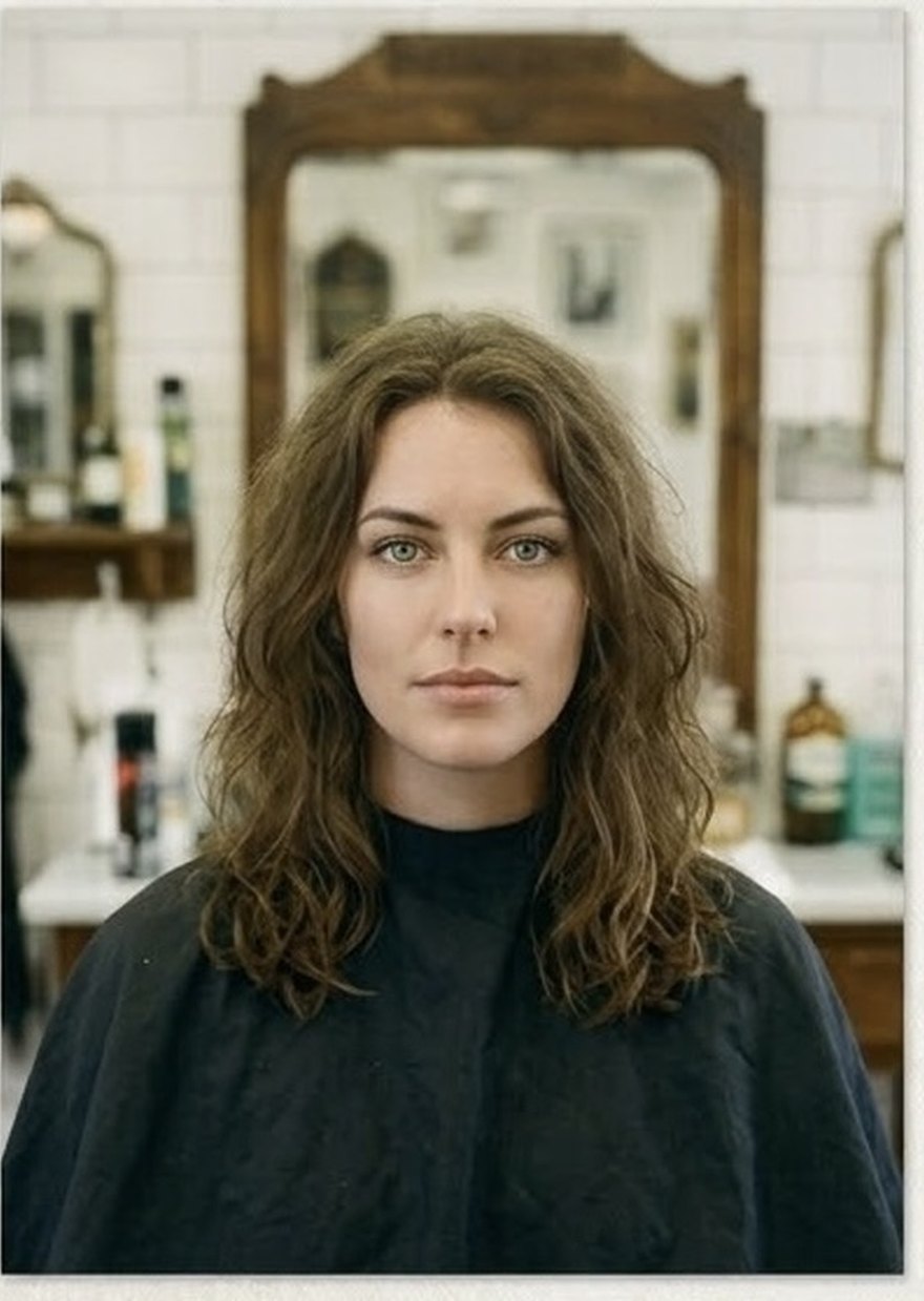 A client photographed in the salon chair before any cut, hair long and wavy.