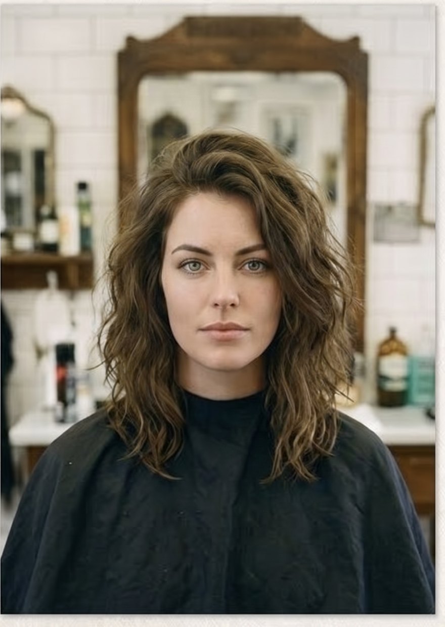 The same client previewed with a textured lob, cut to the collarbone.