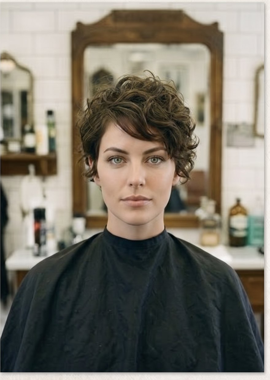 The same client previewed with a curly pixie crop.