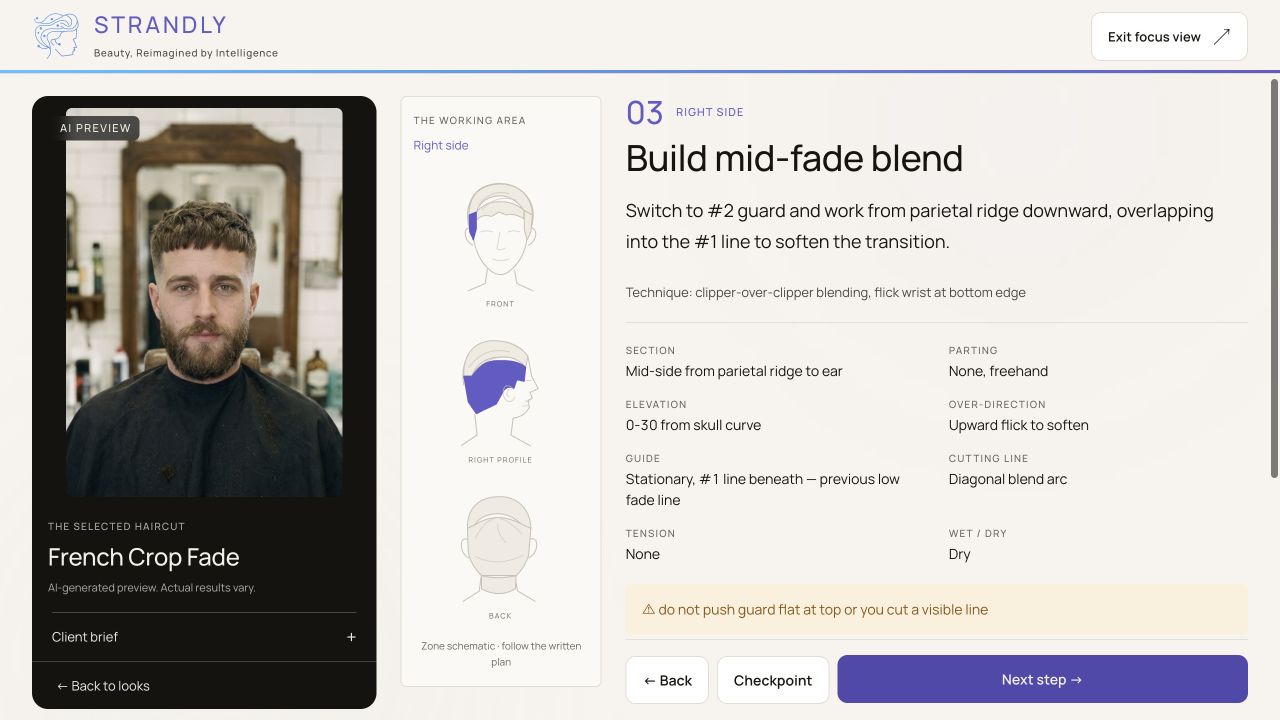 French Crop Fade sample guide, step three: Build mid-fade blend. The right-side working area, guard instruction, section and technique are shown beside the AI preview.