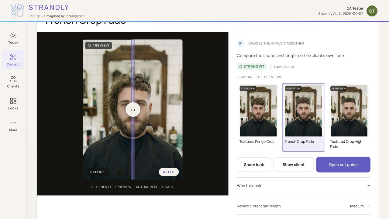 Looks: a saved French Crop Fade sample compared with the original photo, alongside three preview options.