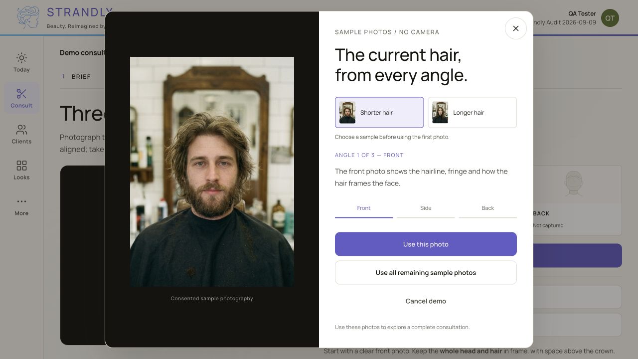 Photos: the front angle in the consented sample-photo selector, with side and back angles to follow.