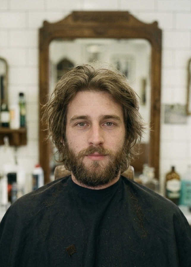 A man sitting in a barber's chair in a cape, hair uncut, a mirror behind him.