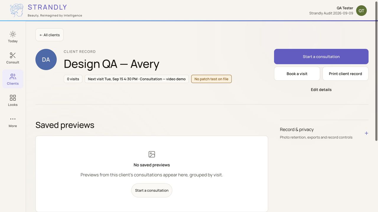 A separate demonstration client record, Design QA — Avery, showing a demo booking and an empty visit history.